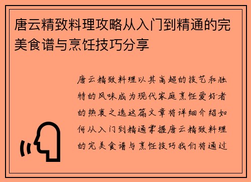 唐云精致料理攻略从入门到精通的完美食谱与烹饪技巧分享
