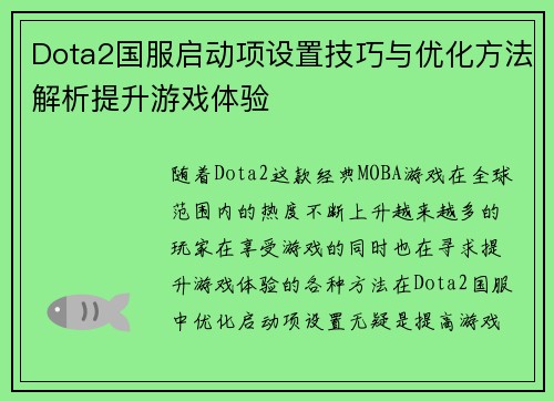 Dota2国服启动项设置技巧与优化方法解析提升游戏体验